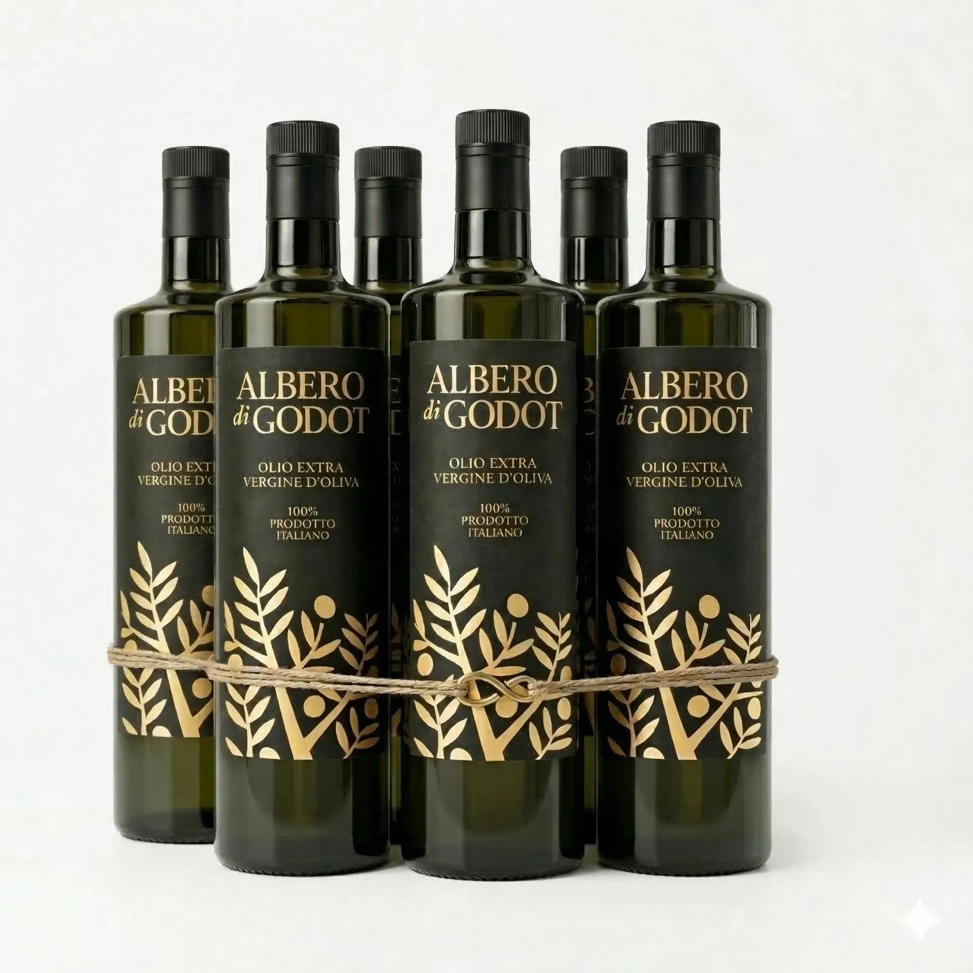 Sei bottiglie di Albero di Godot legate con lo spago