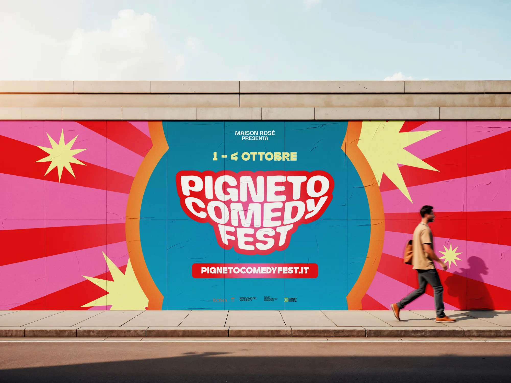 Affissione del Pigneto Comedy Fest su un muro di strada